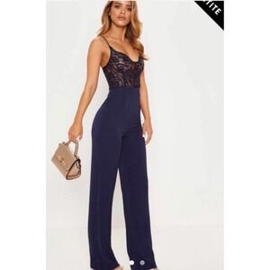 PrettyLittleThing Navy Lace Bodice Jumpsuit Womens Formal Evening Straight Leg